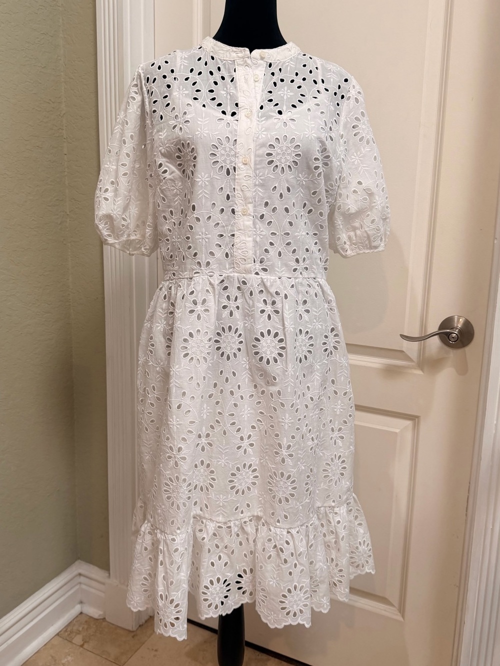 J. Crew White Eyelet Puff-Sleeve Midi Dress with slip liner